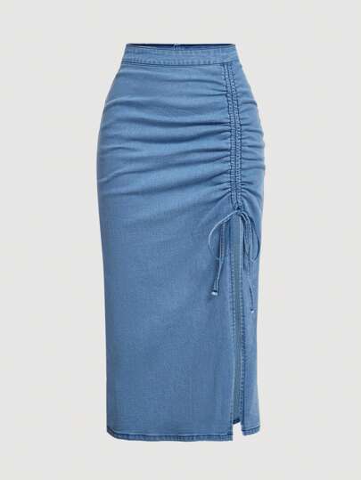 SHEIN MOD 大码女式侧抽绳开衩休闲牛仔 A 字裙