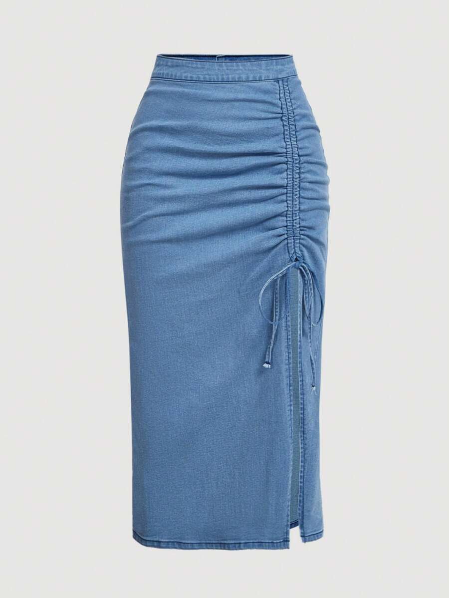 SHEIN MOD Váy chữ A denim giản dị có dây rút bên hông cỡ lớn dành cho nữ - Màu xanh lam - Xem 1