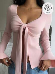 CovetEZ Camiseta de manga larga con cuello de corazón casual rosa para mujeres - Beis - Ver 2