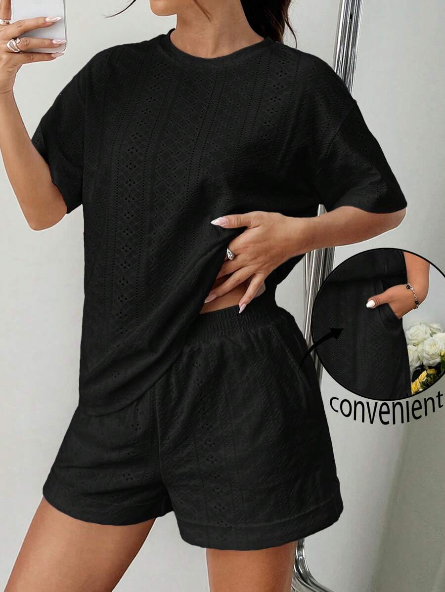 SHEIN EZwear Black Embroidered Crew Neck Short Sleeve & Short 2 Pieces Set, Plus Size Comfortable Two Piece Set