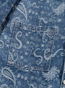 ROMWE MEN Street Life Men's Summer Vacation Paisley Print Patchwork Pocket Short Sleeve Denim Shirt - Brown - View 4