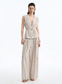 Aalyst Conjunto de 2 piezas: Camisa de mujer sin mangas con cuello Mao y un botón, con cinturón y pantalón recto plisado, adecuado para ir al trabajo, casual, actividades al aire libre y otras ocasiones, primavera/verano