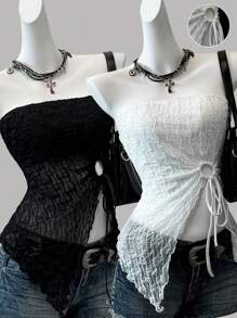 SHEIN EZwear Two Piece Set Women Black & White Mesh Drawstring   Bandeau Crop Tops