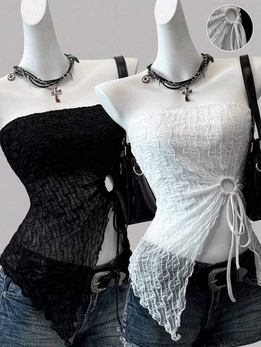 SHEIN EZwear Two Piece Set Women Black & White Mesh Drawstring   Bandeau Crop Tops