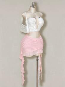 SHEIN ICON Falda de tul rosa con volantes, pliegues y ruedo con volantes, talla grande, para primavera - Rosa Pálido - Ver 3