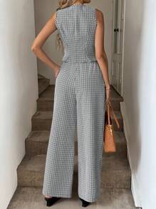 Easowa 黑白格子西装背心和裤子两件套，复古百搭