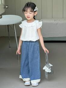DAZY Bộ 2 món/Bộ áo ren không tay mùa hè cho bé gái và quần denim thường ngày - Rửa trung bình - Xem 6