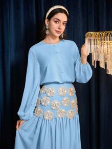 Modelyn Bộ 2 món cho nữ: Áo sơ mi tay loe một hàng khuy trơn màu và chân váy chữ A trang trí miếng vá, thanh lịch - Màu xanh lam - Xem 2