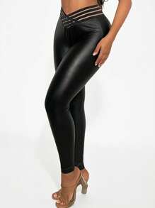 SHEIN SXY 時尚實心PU皮革打底褲，適合日常穿著 - 黑色 - 查看 4