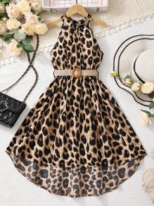 Sparklyn 青少女豹紋不對稱擺無袖連衣裙 - 棕色 - 查看 1