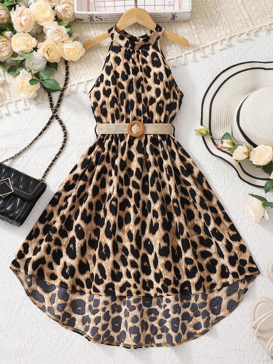 Sparklyn 青少女豹紋不對稱擺無袖連衣裙 - 棕色 - 查看 1