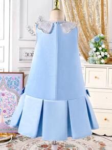 Tween Girls Floral Lace Collar Design Ruffle Hem Bow Accent Dress - Blue - View 2