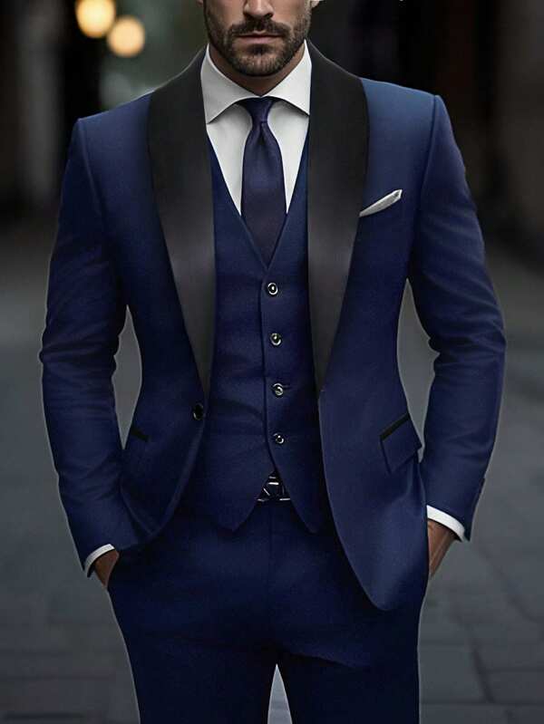 Manfinity Mode Men's Color Block Shawl Collar Jacket And Pants Suit Set Blue Suits For Men Mens 3 Piece Suit Wedding Men Suit Mens Evening Wear Mens Classy Clothes