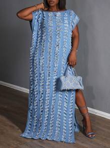 Slaydiva 大码时尚休闲宽松开衩破洞牛仔连衣裙