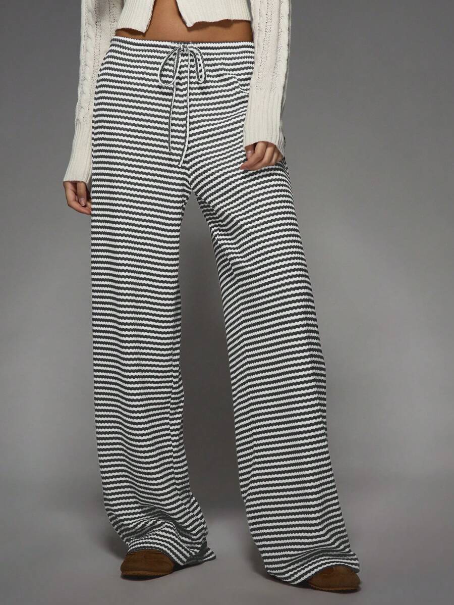 MISSGUIDED Wide Leg Stripe Lounge Pants Textured Knit Drawstring Palazzo Long Trousers Relaxed Fit Fall Winter Casual Wear - Black and White - View 1