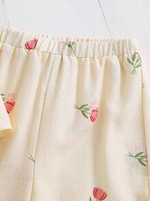 SHEIN 女婴休闲舒适圆领荷叶边无袖上衣和长裤套装 - 杏色 - 查看 7