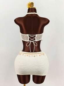 Amplova Set de 2 piezas: Top corto decorado con cuerda, estrella de mar y concha, y mini falda