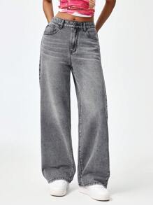 Jeanoix Women's Loose Fit Pocketed Wide Leg Casual Jeans Y2k - Grey - View 4