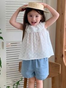 DAZY Bộ đồ mùa hè cho bé gái: Áo kiểu ren cổ bèo nhún và quần short denim rộng rãi thoải mái. - Rửa trung bình - Xem 1