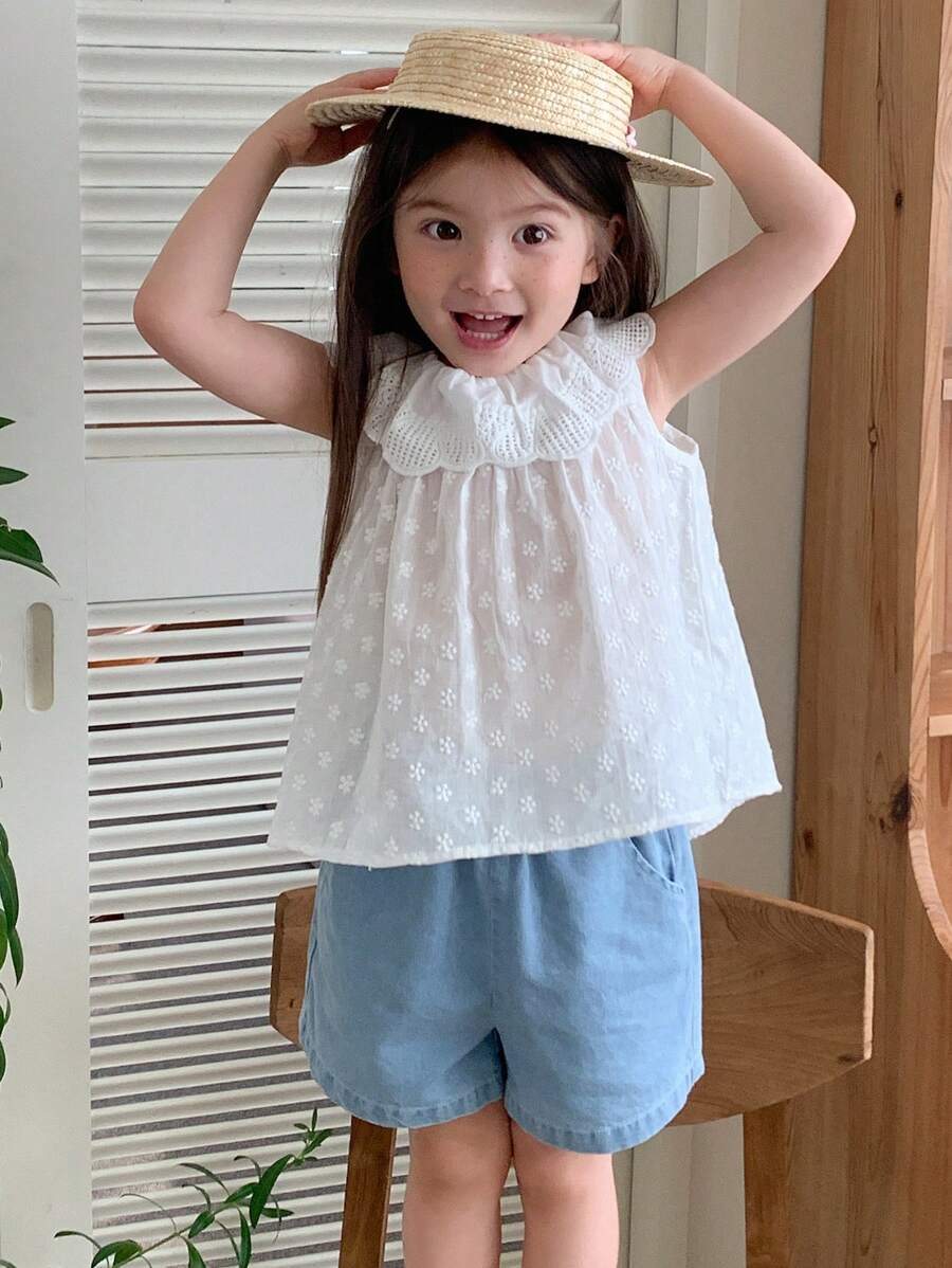 DAZY Bộ đồ mùa hè cho bé gái: Áo kiểu ren cổ bèo nhún và quần short denim rộng rãi thoải mái. - Rửa trung bình - Xem 1