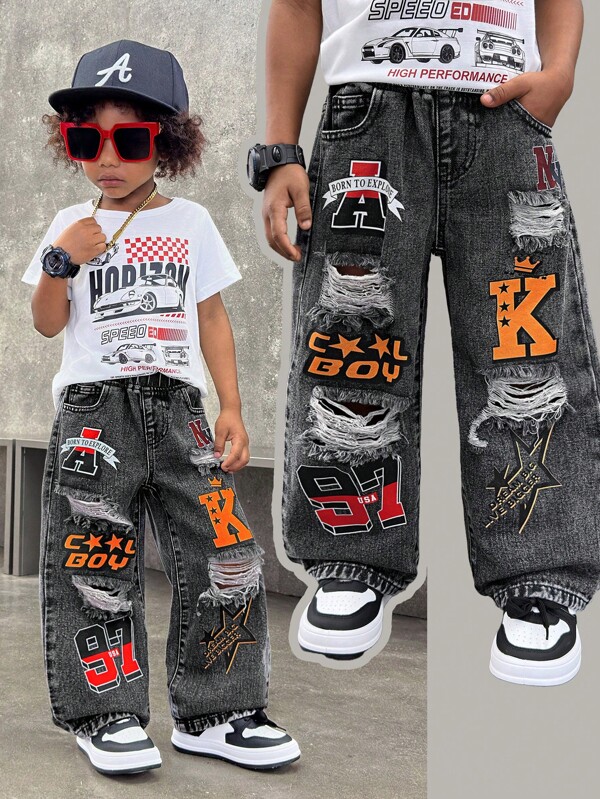 SHEIN Pantaloni scurți din denim pentru copii mici/tineri, cu imprimeu graffiti, spălate la piatră, rupți, zdrențuiți, croială lejeră, cu picior drept, negri, blugi, pentru copii, haine de băieți, costum, streetwear și haine pentru copii, patru anotimpuri