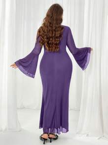 Firerie Vestido largo de malla con cuello en V profundo, mangas largas abombadas y doble volante, de color marrón sólido, talla grande, para mujer - Morado - Ver 2