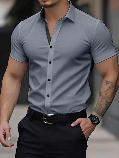 Manfinity Mode Men's Casual, Work, Commuting Short Sleeve Button-Up Shirts Men Short Sleeve Dress Shirt Dress Shirt For Men Short Sleeve Dress Shirts For Men Short Sleeve Men Dress Shirts Short Sleeve