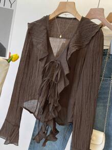 INAWLY Women's Solid Color Minimalist Daily V-Neck Pleated Ruffle Tie Blouse