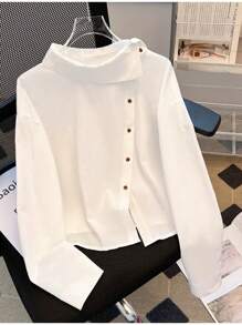 GlowEve Elegant Commuting Casual Fashionable Chic White Blouse For Women, Stand Collar Versatile Top With Unique Design