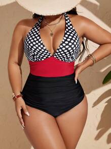 Swim Vcay Traje de baño de una pieza para mujer de talla grande con diseño de unicolor, parches, lunares y estampados, estilo modesto para playa, fiesta y natación