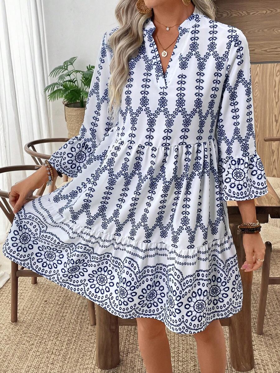 EMERY ROSE 女式复古印花长袖短款休闲连衣裙 - 彩色 - 查看 1