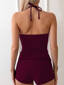 SHEIN Swim Women's Solid Color Spaghetti Strap High Neck Backless 3D Floral Decor Fitted Summer Camisole Tankini Swimsuit
