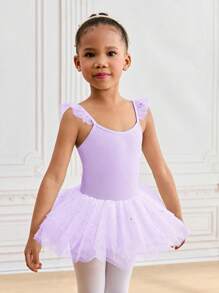 SHEIN Young Girls Lightweight Purple Sleeveless Ballet Dance Leotard With Lace Ruffle Sleeves, Girls Ballet Dance Bodysuit Fall Winter