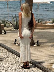 SHEIN EZwear Apricot Women Textured Sleeveless Hollow Design Long Dress,Graduation Dress,Vacation Dress - Beige - View 2