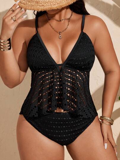 Swim Lushoire Plus Size Women Solid Color Hollow Out Tankini Swimsuit Set For Summer Beach Vacation