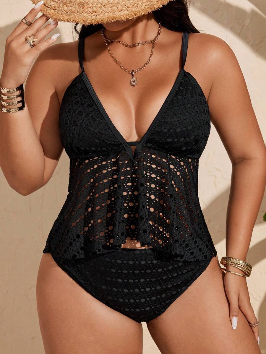Swim Lushoire 大码女式纯色镂空分体泳衣套装 - 黑色 - 查看 1