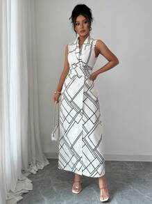 Elenzga Vestido Midi Geométrico sem Mangas com Gola e Cintura Marcada, Verão - Damasco - Visão 5