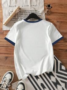 SHEIN EZwear 休闲简约蝴蝶结印花圆领短袖宽松女士T恤