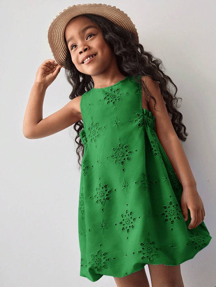 Spring & Summer Young Girl's Casual Fashion Vacation & Daily Wear Sleeveless Fitted Waist Hollow-Out Embroidered Puff Dress