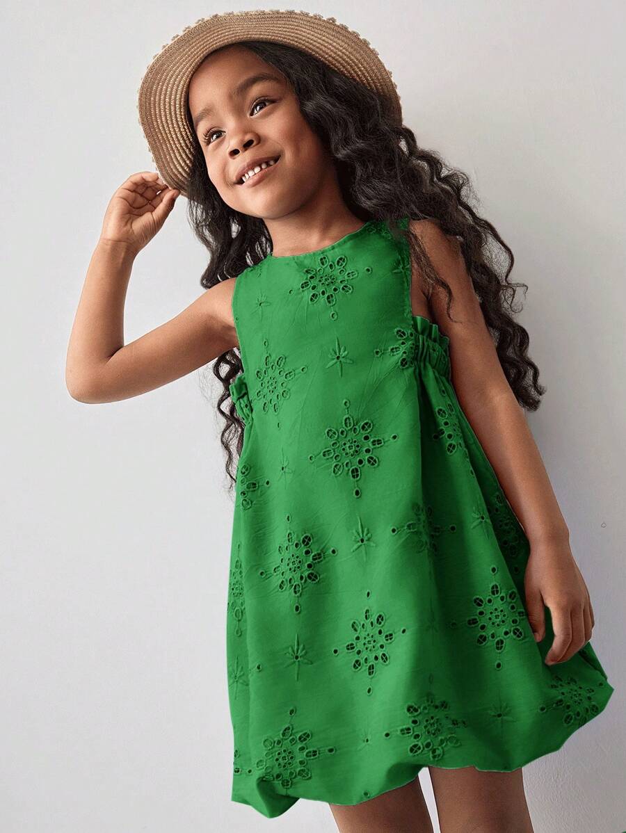 Maija Kids Maija Kids 春夏少女休闲时尚度假日常装无袖修身腰部镂空刺绣泡泡袖连衣裙 - 綠色 - 查看 1