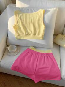 Comfortcana 女式字母印花背心和撞色拼接短裤套装，两件套服装，夏季 - 彩色 - 查看 2