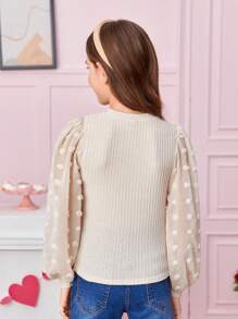 SHEIN Tween Girl Swiss Dot Lantern Sleeve Waffle Knit Tee - Beige - View 7