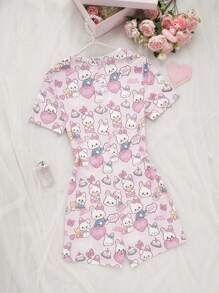 Women's Sweet Casual Cartoon Heart, Rabbit, Bow, Bear Motif Short Sleeve Shorts Pajama Jumpsuit - Pink - View 2