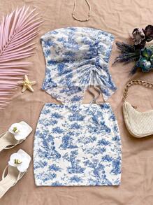 SHEIN Set di top a canotta con orlo asimmetrico arricciato e minigonna casual e minimal per ragazze adolescenti, comodo