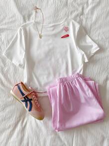 2 pièces/Set Pantalons longs décontractés à imprimé floral rayé pour adolescentes, tenue d'été
