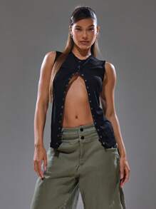 MUSERA Button Down Fitted Sleeveless Tank Top Streetwear Y2K Cool Girl Cute City Night Out Going Out Tops Club   Fall - Black - View 1