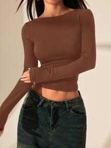 SHEIN PETITE 露背蕾丝拼接露背女式T恤上衣。适合夏季的性感约会装。 - 棕色 - 查看 5