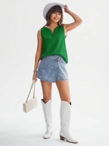 SHEIN LUNE Notched Neck Solid Sleeveless Blouse - Dark Green - View 3