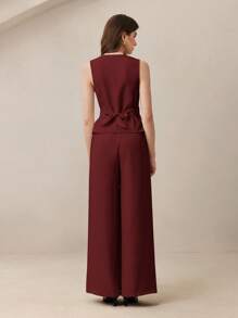 BizChic 2025 年夏季安哥拉红色褶皱腰无袖女式上衣和背心套装，浪漫优雅的日常时尚商务休闲通勤别致复古风格女士休闲套装，秋冬女士办公室穿着 - 酒紅色 - 查看 3