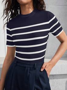 BizChic Camiseta ajustada con manga corta y cuello de rayas para mujer, elegante moda casual de negocios para uso urbano, adecuado para maestros, oficina, escuela, salidas, Top básica